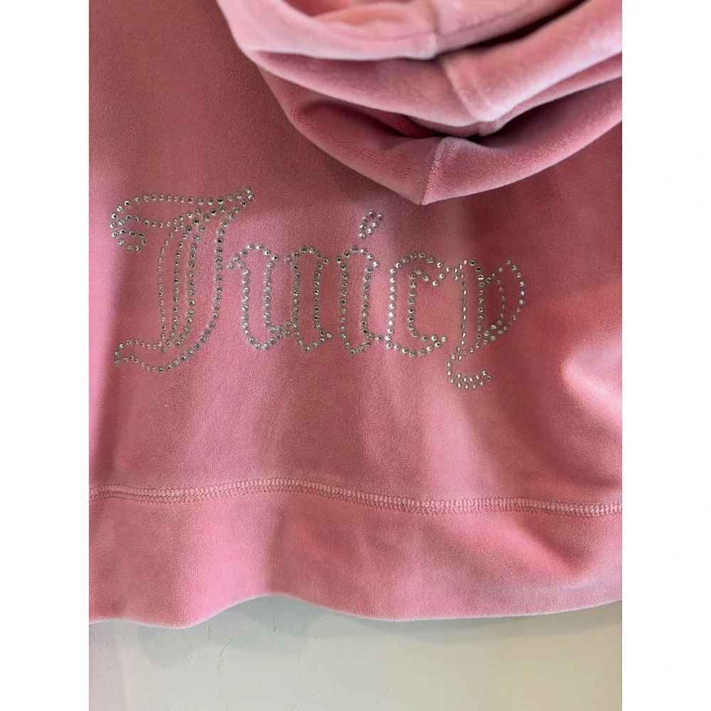 Juicy Couture Pink Velour Tracksuit Set Rhinestone Logo Hoodie Pants Womens M